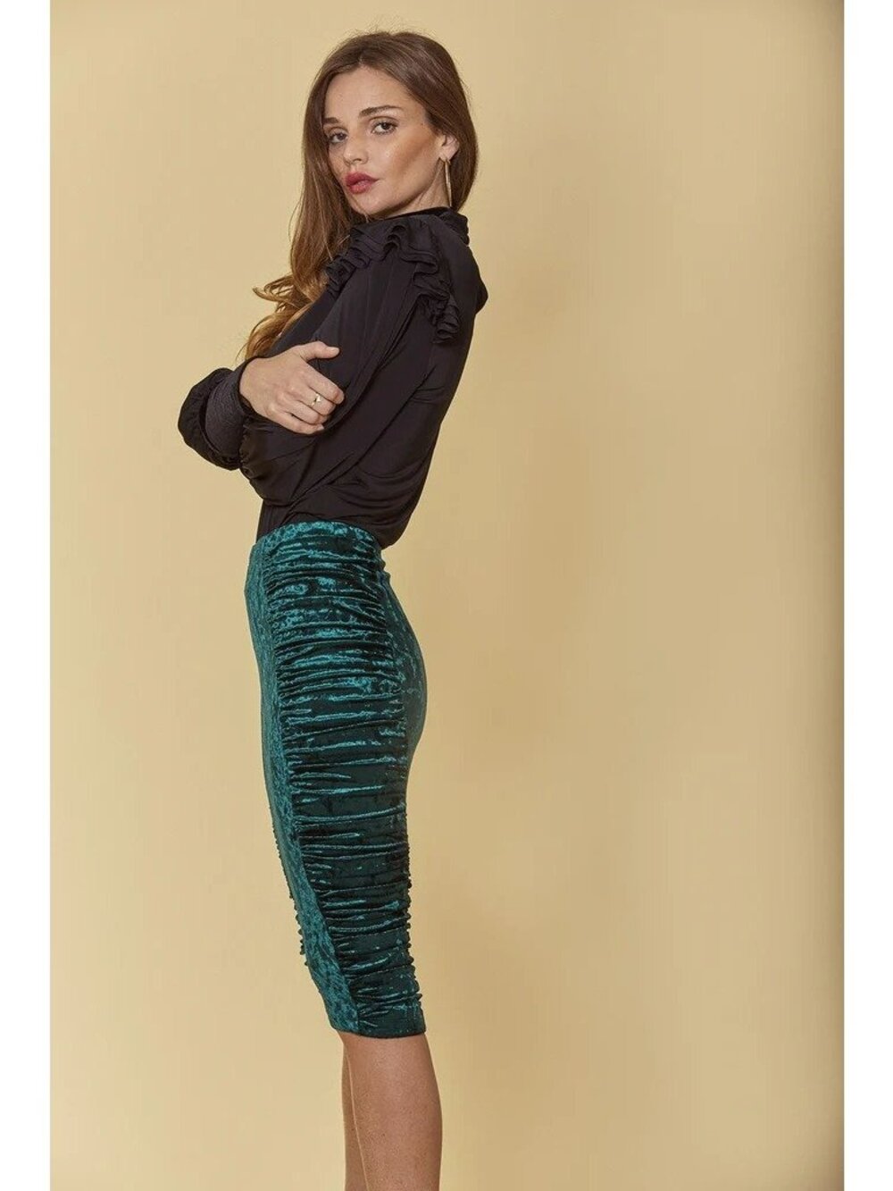 Vintage Style Bisou Bisou 90s Crushed Velvet Emerald Green Ruched Pencil Skirt M - Picture 2 of 11